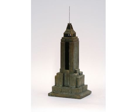 A metal and glass table lamp, in the form of Empire State Building, (for restoration), 37cm