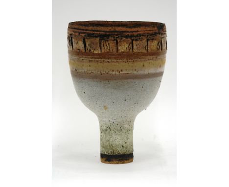 Robin Welch, large stoneware pot on narrow base, decorated with perforations around the rim, stamped to base "Robin Welch", 3