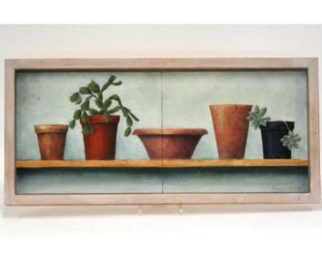 Patricia Price, oil on board in two sections, "Shelf with Cacti" signed and dated 95 bottom right corner, 25.5cm x 61cm