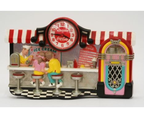 A 1970's "Coca Cola" advertising wall clock, in the form of an American diner, 33cm x 53cm