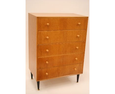 A light oak bedroom chest, fitted five drawers, 110cm high x 76cm wide x 45.5cm deep