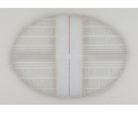 Paul Maxwell (American, 1925-2015). Geometric oval-shaped stencil casting print on paper. The blue and red line in the center