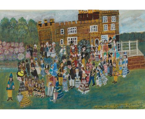 Folk art gouache painting on paper depicting a crowd of individuals gathered outside Charles Dickens' Bleak House in Broadsta