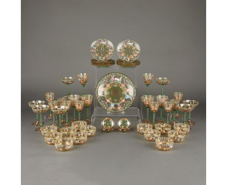 Large set of handblown Venetian glass with enamel decoration depicting traditional wine making. The set includes six dessert 