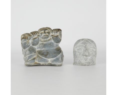 Group of two Inuit soapstone carvings including one head and one figural group. The figural carving is by Mitiarjuk Nappaaluk