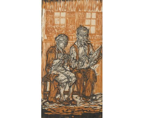 Sister Mary Charles (Molly) McGough (American, 1925-2007). Woodcut print titled "Guten Morgen! (Good Morning!)" depicting two