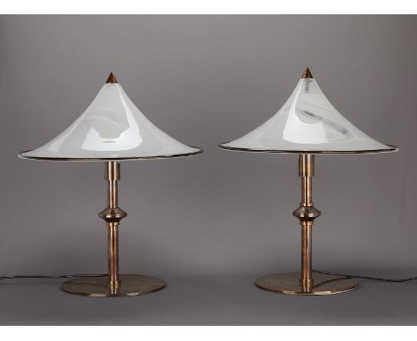 Pair of Italian Murano glass table lamps, attributed to Leucos. Each with white conical form glass lampshades and metal bases