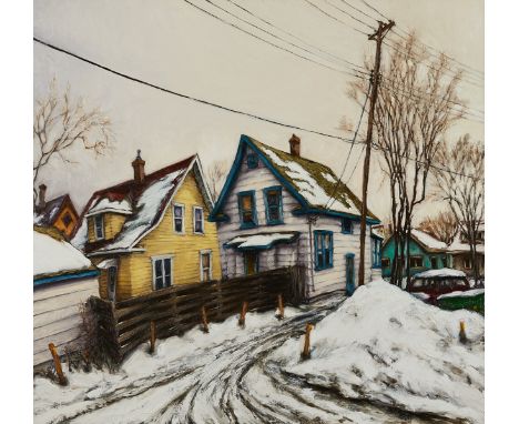 Rod Massey (American, b. 1949). Oil on panel painting titled "Behind Shilla" depicting two St. Paul homes in a winter landsca