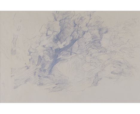 Janice Knipe (American, 20th c). Drawing in gray pastel on paper titled "Trees," depicting a grove of trees moving in the win