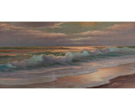 Harold Newton (American, 1934-1994). Oil on board seascape painting depicting waves crashing on the shore with a low sun. Inc