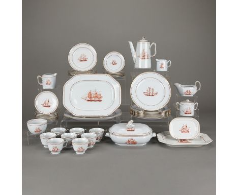 Spode, Copeland, England. China service set in the pattern "Trade Winds Red" depicting ships in red and rimmed with gold. The