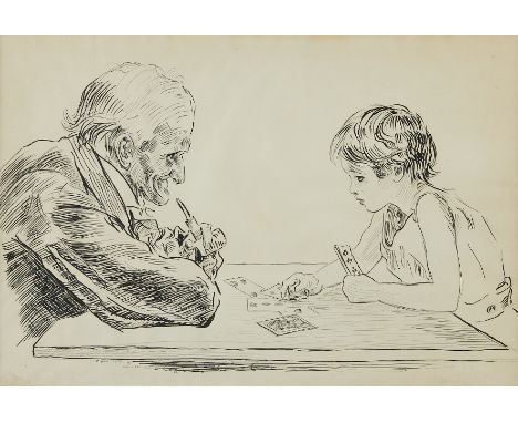 Ink on paper drawing depicting a young child and an old man playing cards at a table. Illegibly signed along the lower left.S