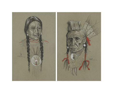 Asa Lynn "Ace" Powell (American, 1912-1978). Two mixed media on paper drawings depicting portraits of Native Americans. One s