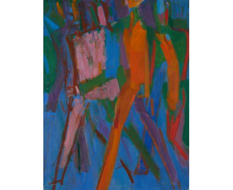 Oil on canvas painting depicting abstract figures in bold colors. With a label from the Museum of Modern Art (MoMA) affixed t