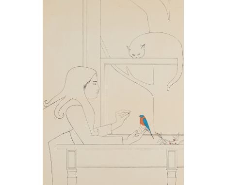 Will Barnet (American, 1911-2012). Screenprint on paper titled "5th Season" depicting a woman feeding a robin while a nearby 