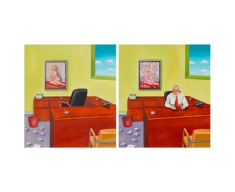 Robin Tewes (American, b. 1950). Oil on panel diptych titled "The Art of Happiness 1 and 2," 2005.One panel depicts a man sea