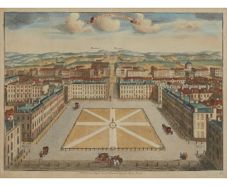 Sutton Nicholls (British, active 1680-1740). Hand-colored lithograph depicting a bird's eye view of Hanover Square in London.