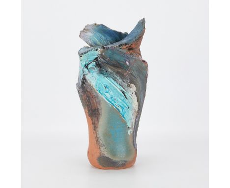 Susanne G. Stephenson (American, b. 1935). Ceramic, terra cotta, and clay slip vase titled "Cut Edge Vase." Inscribed in penc