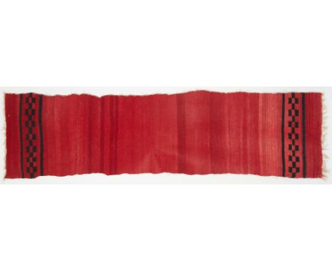 Rio Grande, New Mexico wool half panel blanket or wrap, 19th century. Hand woven in red with bands of checkerboard black. Wit