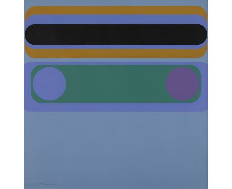 Brook Temple (American, b. 1934). Op-art serigraph print on paper featuring a design of yellow, green, purple, and black, 197