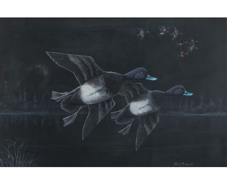John Moisan (American, 20th/21st c). Oil on board painting depicting two ducks in flight with a flock of ducks in the backgro