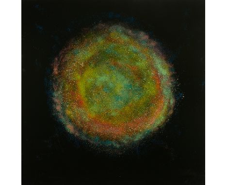 Andrea Stanislov (American, b. 1968). Epoxy resin, polyester glitter, enamel paint, on board titled "Green Solaris," depictin