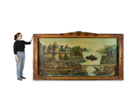 Very large textured and three-dimensional folk art painting depicting a castle, river, and the surrounding countryside.Keywor