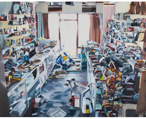 Megan Rye (American, b. 1975). Oil on canvas painting titled "Iraqi Store" depicting a disheveled and cluttered storefront, 2