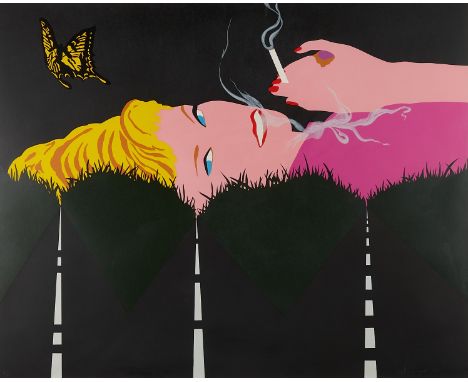 Allan D'Arcangelo (American, 1930-1998). Serigraph on paper titled "Smoking Blonde" depicting a blonde woman smoking a cigare