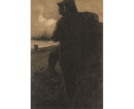 Eduardo Pascual Monturiol (Spanish, 1882-1933/34). Pen and ink drawing on paper titled "Fisherman" depicting the dark silhoue