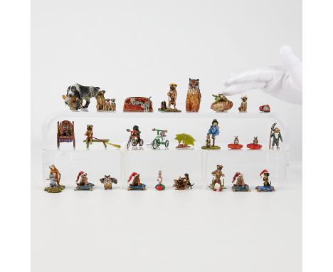 Group of 26 Austrian cold painted miniature bronze animal figurines. Some depicting comical scenes such as a cat walking a mo