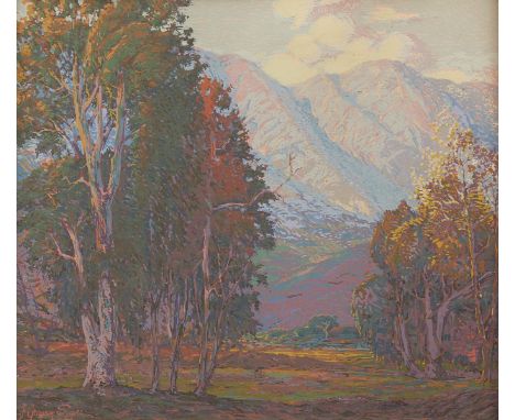 Fred Grayson Sayre (American, 1879-1938). Serigraph depicting a mountainous landscape with a forest in the foreground. Signed