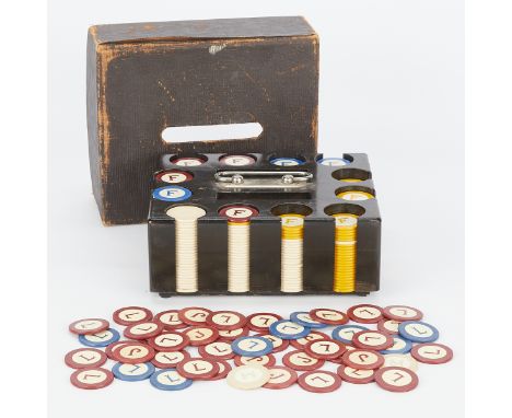 Set of vintage poker chips unusually marked with letters: L, J, F, W, and S. Housed in a custom carrying case.Box; height: 3 