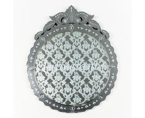 Dana Weiser (American, 20th/21st c). Ornate mirror profusely etched throughout. The central medallion is etched with a brocad