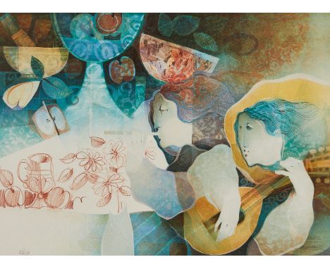 Alvar Sunol Munoz-Ramos (Spanish, b. 1935). Lithograph on paper print titled "Concerto Sobre Mesa (Concert on Table)" depicti