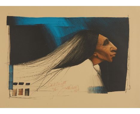 Frank Howell (Lakota Sioux, 1937-1997). Lithograph on paper titled "Dark Night" depicting the profile portrait of a Native Am