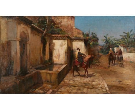 Armand Point (French, 1860-1932). Oil on board painting depicting figures on horseback riding through a quiet street, 1886. S