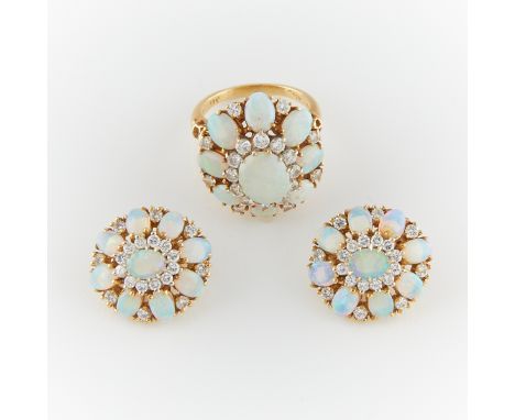 Set of 18k yellow gold diamond and opal earrings and ring including:18k yellow gold opal and diamond ring; with nine white-cr