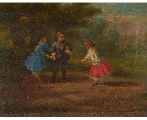 David Broderick Walcott (American, 1825-1885). Oil on canvas painting depicting three children playing, 1854. Signed and date