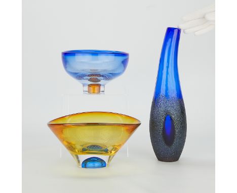 Kosta Boda, Sweden. Group of three art glass vessels, all signed and numbered along the underside. Two bowls by Goran Warff (