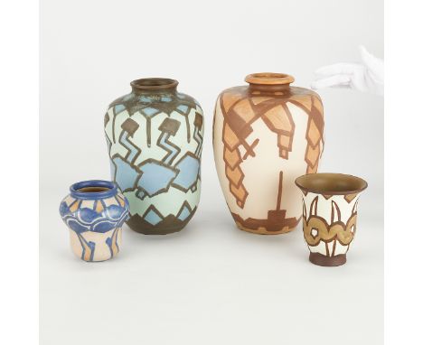 Villeroy &amp; Boch, Luxembourg. Group of four ceramic pottery vases, early 20th century. With Art Deco handpainted decoratio
