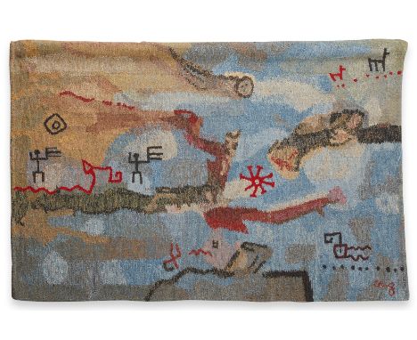 Mid-century woven tapestry depicting abstract figures and creatuers signed "Cruz" along the lower left.Length: 4 ft 2 in x wi