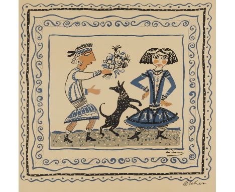 Andre Derain (French, 1880-1954) for Ascher, United Kingdom. Printed silk scarf designed by Derain two figures and a dog. Sig