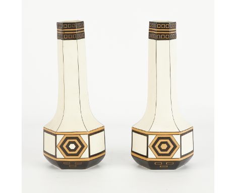 Pair of Villeroy and Boch, Mettlach, Germany. Pair of Art Deco ceramic hexagonal vases in cream, tan, and brown. Each stamped