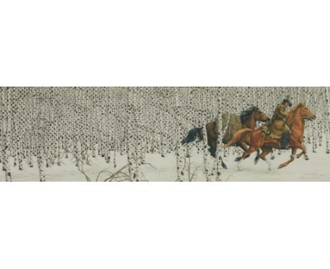 Bev Doolittle (American, b. 1947). Signed and Numbered lithograph titled "Sacred Ground" depicting a figure riding a horse an