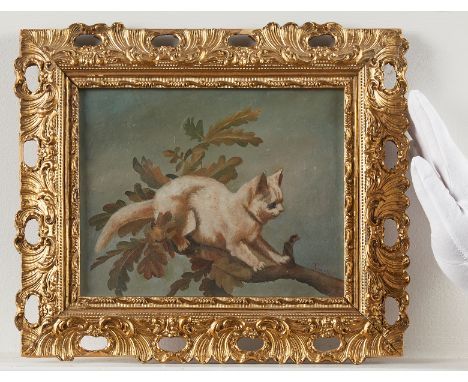 Folk art oil on panel painting depicting a white cat or kitten perched precariously on an oak tree branch, ca. 1890s. In an o