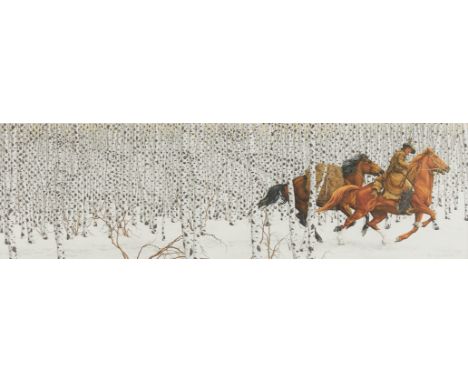 Bev Doolittle (American, b. 1947). Lithograph titled "Sacred Ground" depicting a figure riding a horse and leading a packhors