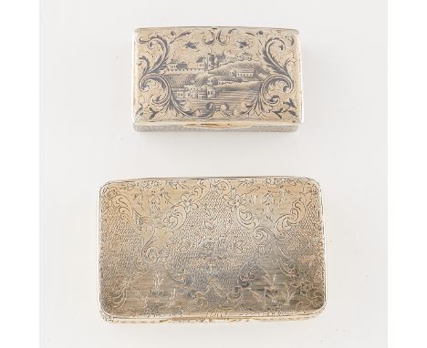 Group of two small silver engraved boxes. One Russian niello box with a village set in an ornate scrollwork cartouche along t