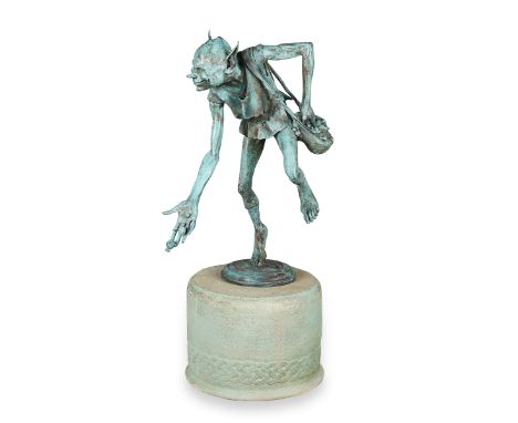 David Goode (British, b. 1966). Large bronze sculpture titled "Snail Maker" depicting a goblin-like creature with a bag of sn