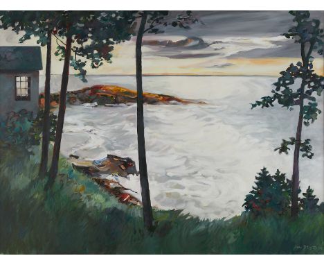 Anne Decoster (American, b. 1933). Oil and acrylic on canvas painting titled "Lake Superior at Grand Marais" depicting light 